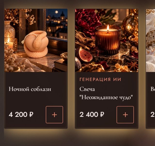 Карточки свечей на сайте «Игра огня», вокруг каждой тёплое свечение